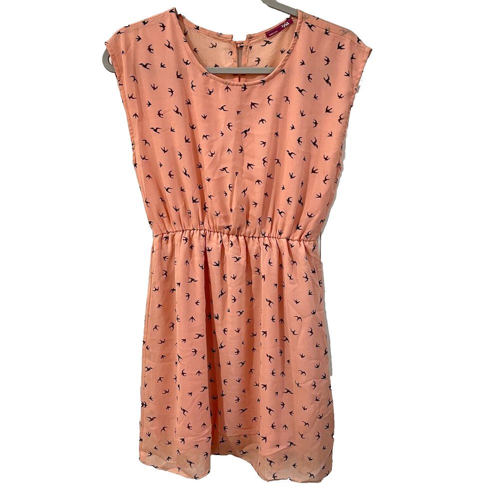 Ixia‎ Womens Peach Medium Fit and Flare Dress With Bird Novelty Print Fairy